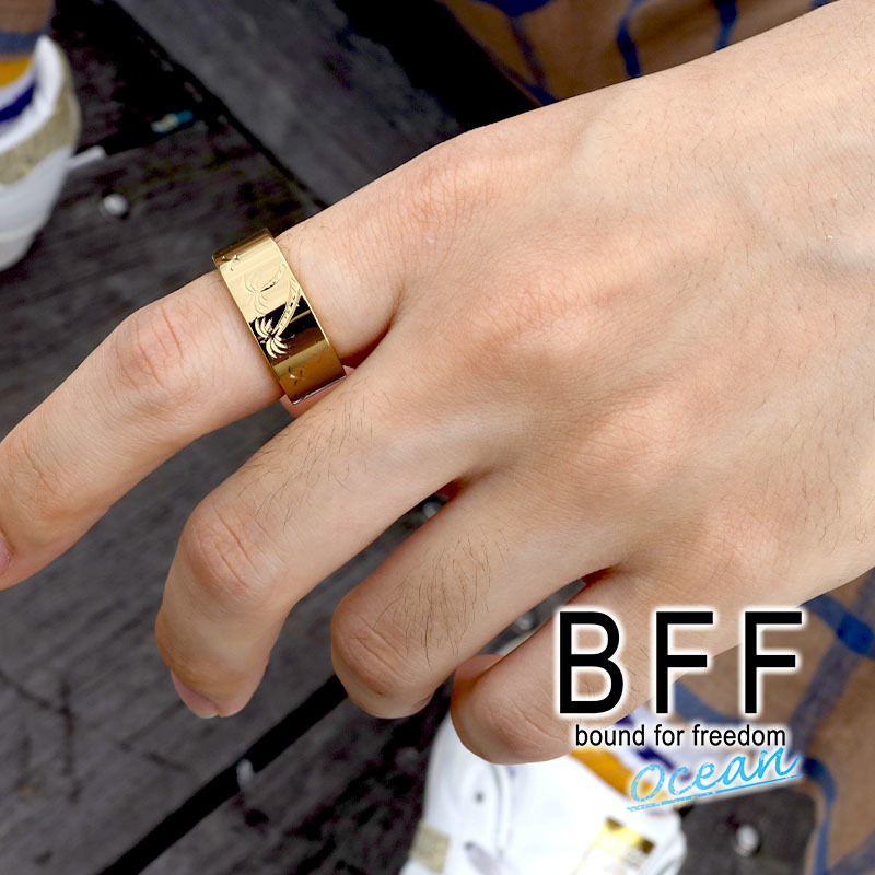 BFF ブランド パームツリー 幅8mm 平打リング ゴールド 18K GP 金色 ヤシの木 手彫り 専用BOX付属 (8号)_画像6