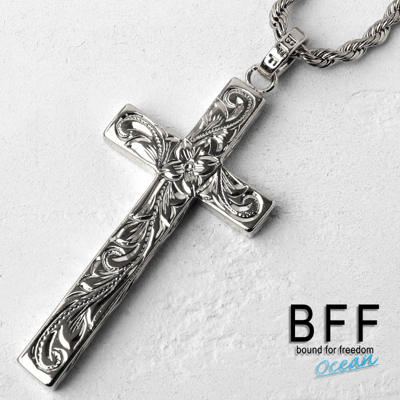 BFF ブランド クロスネックレス シルバー 銀色 Lサイズ プルメリア 十字架 彫金 手彫り 専用BOX付属 (60cm)