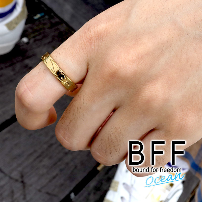BFF ブランド ドルフィン 幅4mm 平打リング ゴールド 18K GP 金色 スクロール 手彫り 専用BOX付属 (19号)_画像6
