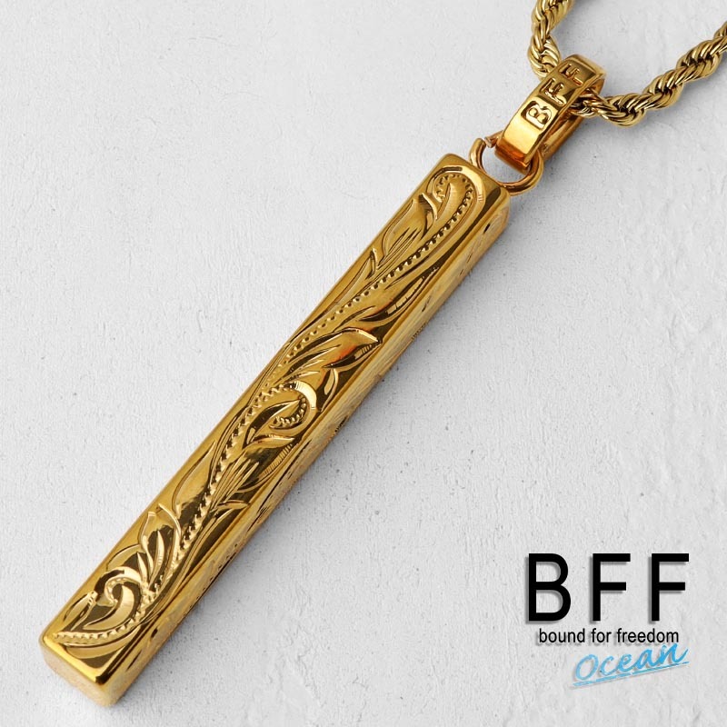 BFF ブランド スティックネックレス ゴールド 18K GP 金色 L プルメリア 手彫り 専用BOX付属 (45cm)