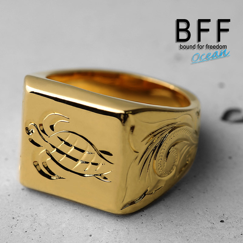 BFF ブランド タートル 印台リング ラージ ごつめ ゴールド 18K GP gold 金色 四角 専用BOX付属 (23号)_画像1