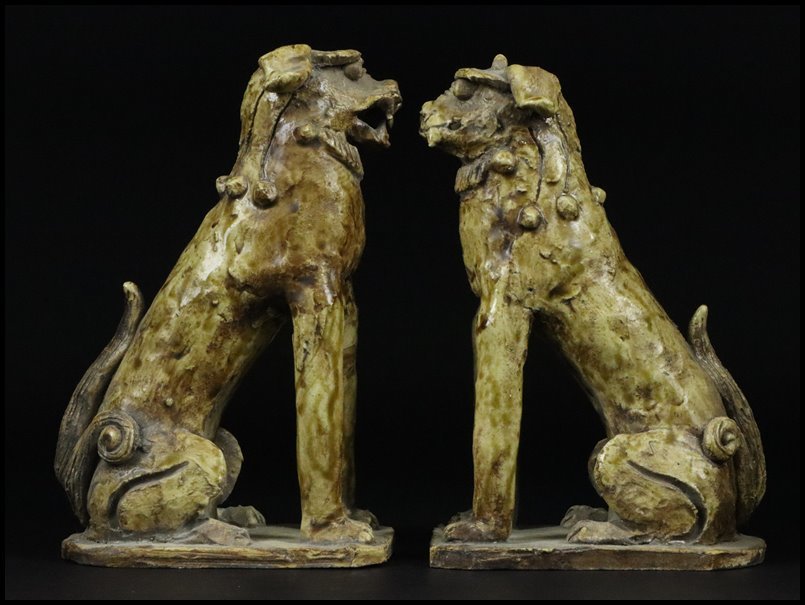 奇】時代物 江戸期 美濃焼 黄瀬戸 古瀬戸 獅子 狛犬 阿吽 一対 奇】時代物 江戸期 美濃焼 黄瀬戸 古瀬戸 獅子 狛犬 阿吽 一対