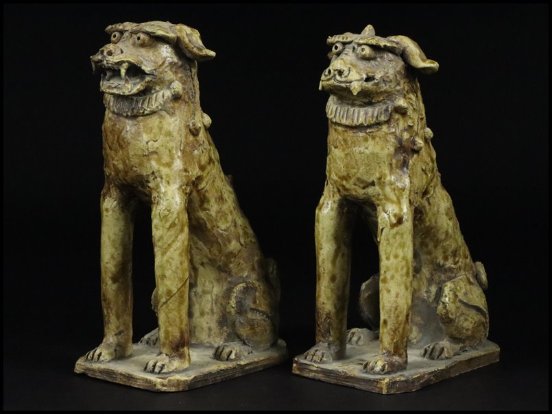 奇】時代物 江戸期 美濃焼 黄瀬戸 古瀬戸 獅子 狛犬 阿吽 一対 奇】時代物 江戸期 美濃焼 黄瀬戸 古瀬戸 獅子 狛犬 阿吽 一対