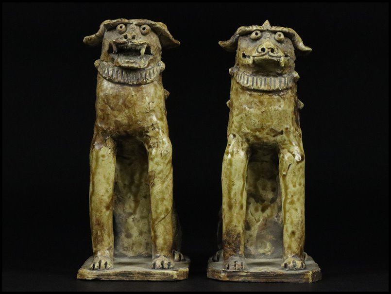 奇】時代物 江戸期 美濃焼 黄瀬戸 古瀬戸 獅子 狛犬 阿吽 一対 奇】時代物 江戸期 美濃焼 黄瀬戸 古瀬戸 獅子 狛犬 阿吽 一対