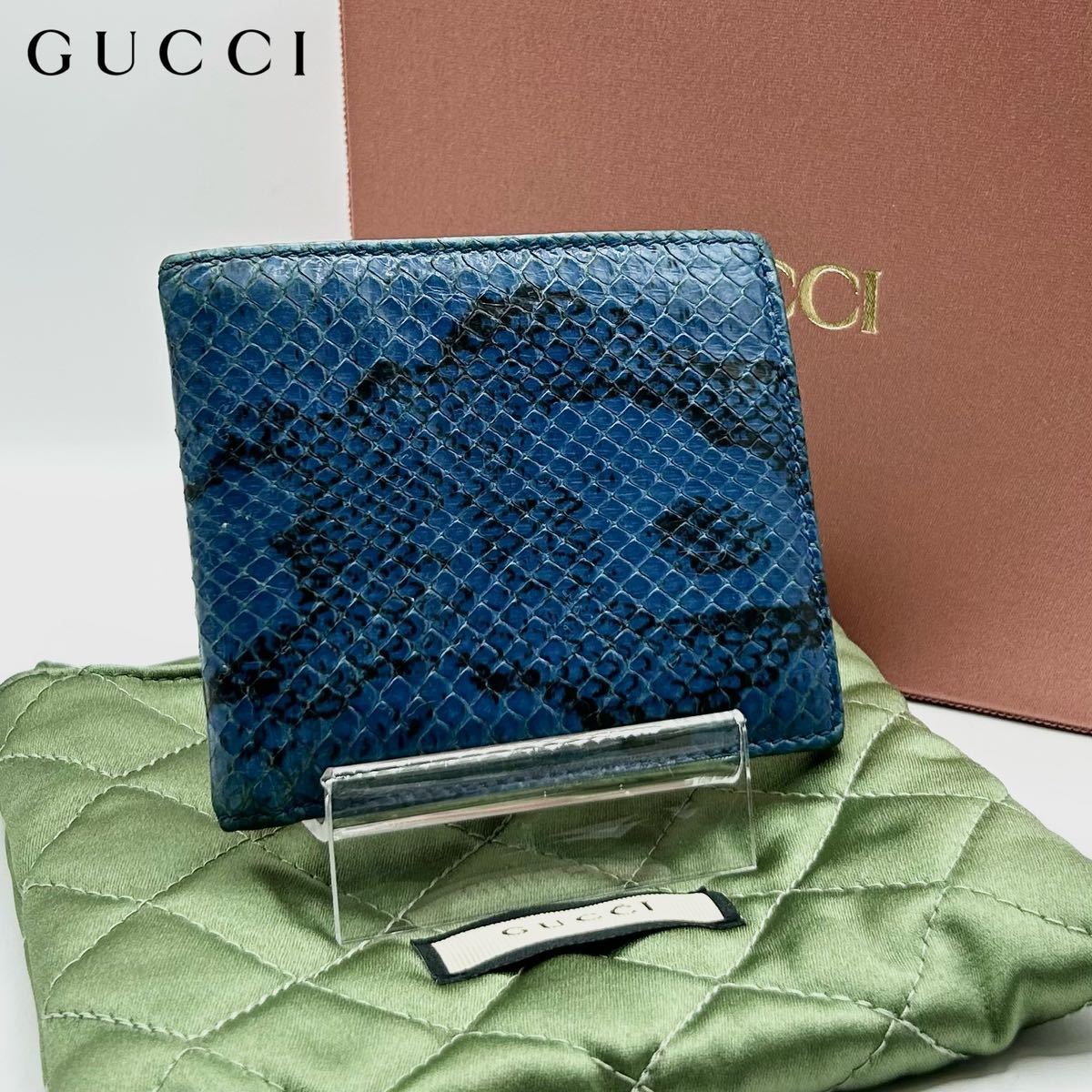 美品 GUCCI グッチ 二つ折り財布 お札入れ ウォレット パイソン ロゴ 型押し レザー 本革 ダークブルーの画像1