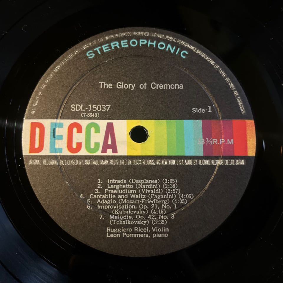 日decca【初期盤stereo】＊ ルッジェーロ・リッチ クレモナの栄光 古銘器によるヴァイオリン名演集 ＊ ruggiero ricci glory of cremona_画像2