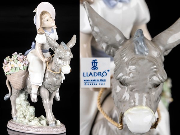 【流】リヤドロ LLADRO フィギリン「花籠を背負ったロバに乗った少女」 陶人形 高20cm TR405_画像1