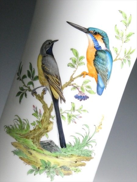 N592 Meissen マイセン 高級シリーズ バード 鳥絵 特大 ベース 花瓶 飾壷 34.5cm_画像4