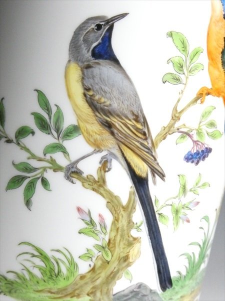 N592 Meissen マイセン 高級シリーズ バード 鳥絵 特大 ベース 花瓶 飾壷 34.5cm_画像6