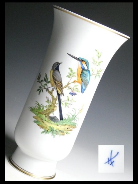 N592 Meissen マイセン 高級シリーズ バード 鳥絵 特大 ベース 花瓶 飾壷 34.5cm_画像1