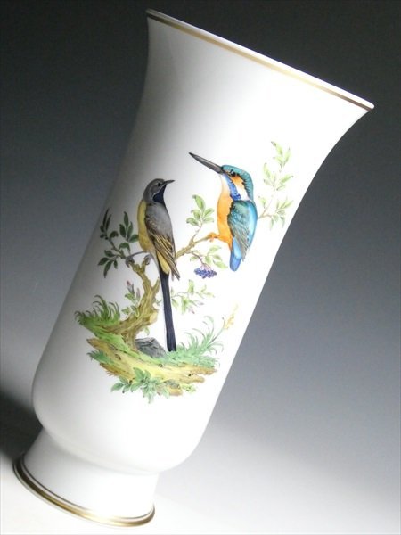 N592 Meissen マイセン 高級シリーズ バード 鳥絵 特大 ベース 花瓶 飾壷 34.5cm_画像2