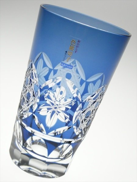 N901 亀井硝子 カメイ 藍被せ 高級 切子ガラス タンブラーグラス 五客 共箱_画像2