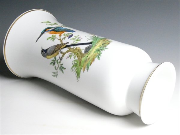 N592 Meissen マイセン 高級シリーズ バード 鳥絵 特大 ベース 花瓶 飾壷 34.5cm_画像8