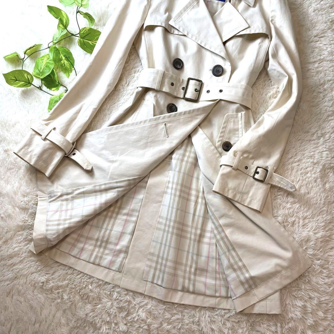 お洒落★BURBERRY BLUE LABEL バーバリーブルーレーベル ロングトレンチコート ノバチェック ベルト アイボリー 春 アウター 総柄の画像3