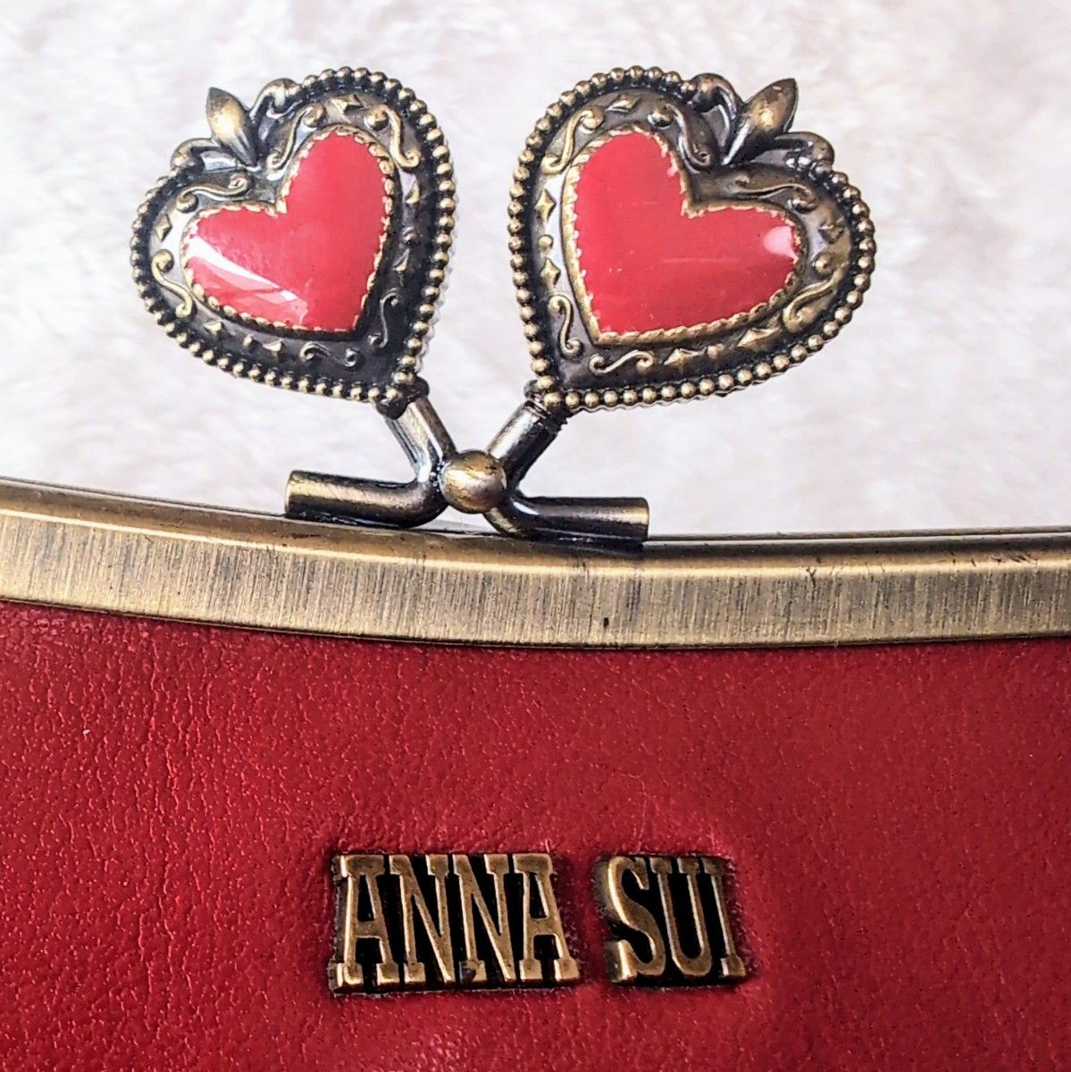 【金具傷有】　ANNA SUI　長財布　がま口　ハート　スタッズ　カットワーク　レディース　レッド系　がまぐち