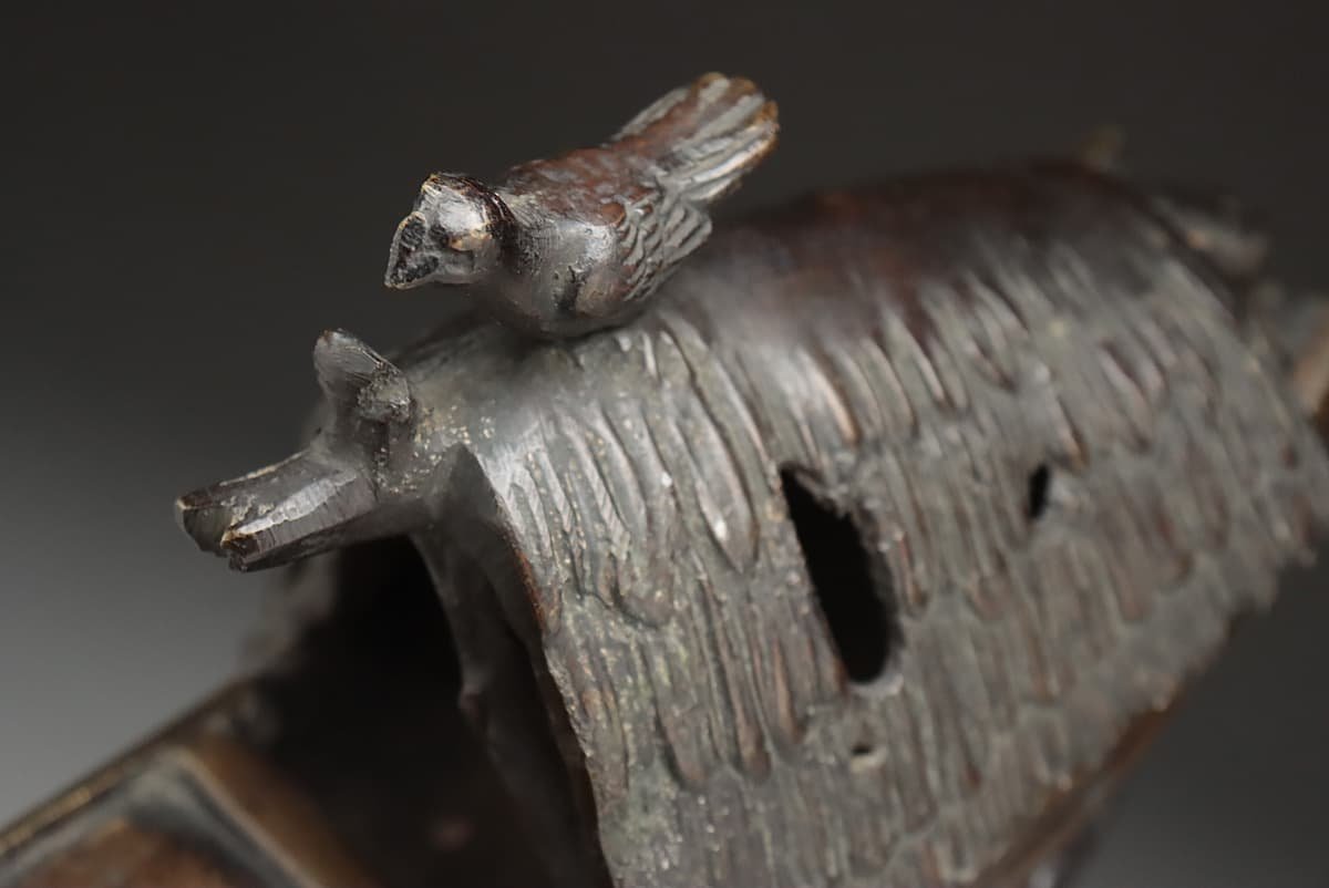 EQ555 時代金工 銅製「舟香炉」幅24cm 重1.1kg・苫舟香炉・鳥摘 EQ555 時代金工 銅製「舟香炉」幅24cm 重1.1kg・苫舟香炉・鳥摘