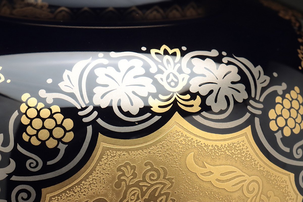 EQ632 【大倉陶園】OKURA ART CHINA INC 瑠璃金蝕鳳凰文飾瓶 高28.8cm 重2.4kg 共箱附・金銀彩鳳凰文壺・フラワーベース_商品詳細もご覧ください