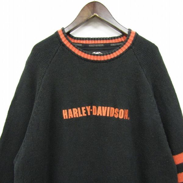  размер L HARLEY DAVIDSON вязаный тянуть over вышивка Logo черный orange Harley Davidson б/у одежда Vintage 3F2714