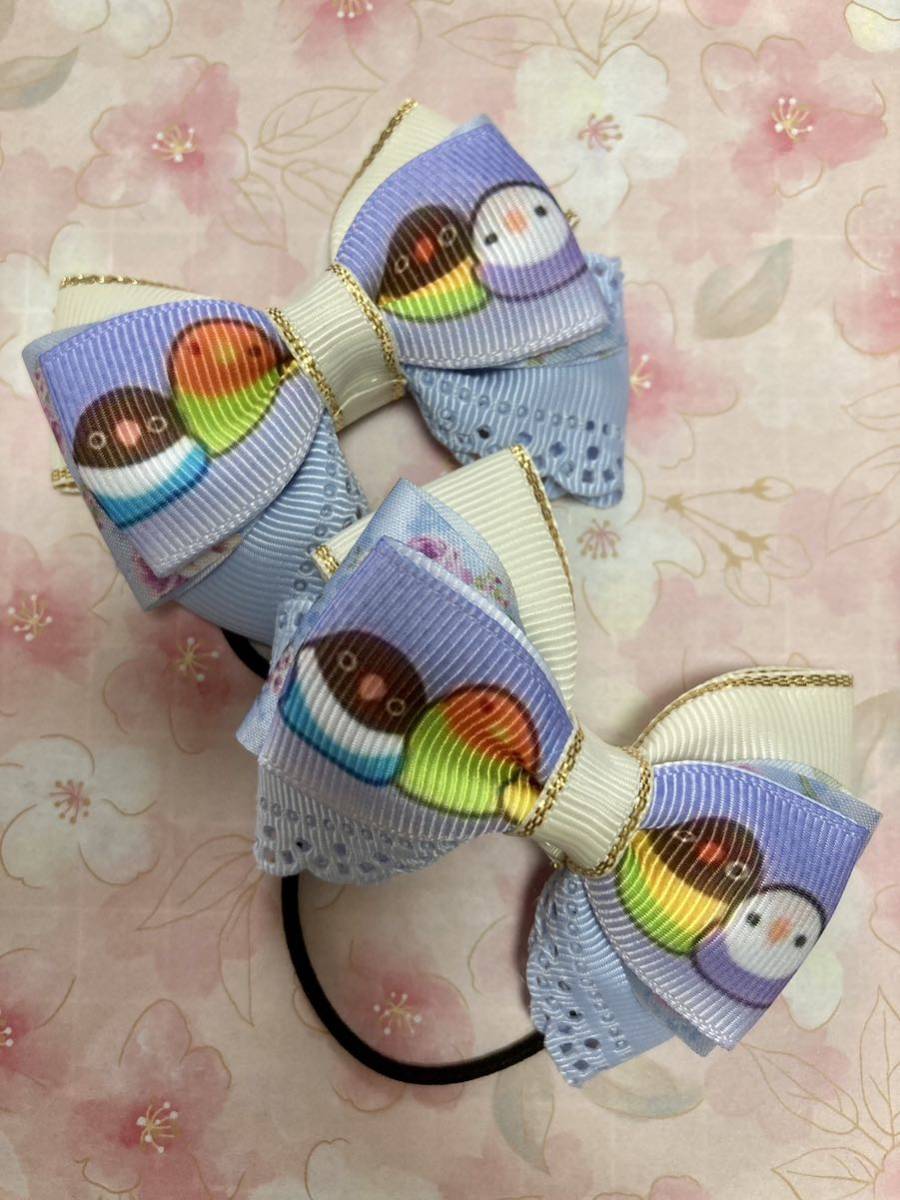 ma... pretty * cream & light light blue *. flower *se regulation parakeet * button parakeet *ko The Klein ko* bird * ribbon hair elastic * present *