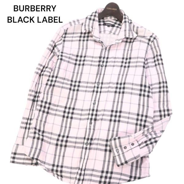 BURBERRY BLACK LABEL バーバリー ブラックレーベル ホース刺繍★ 長袖 ノバチェック ガーゼ シャツ Sz.3　メンズ 日本製　I4T00395_2#C_画像1