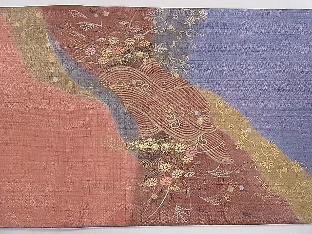 平和屋1■太鼓柄袋帯 手描き 紬地 道長花文 金彩 逸品 dx0351の画像3