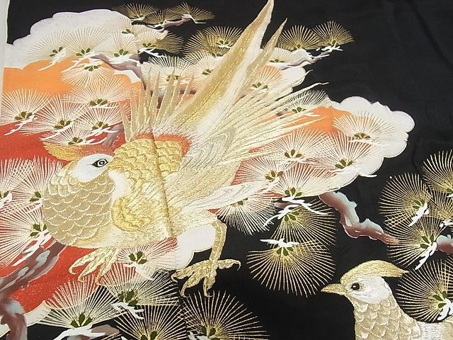 平和屋川間店■豪華黒留袖　刺繍　双鳥松文　金銀彩　着丈158cm　裄丈63cm　正絹　逸品　B-ey4190_画像4