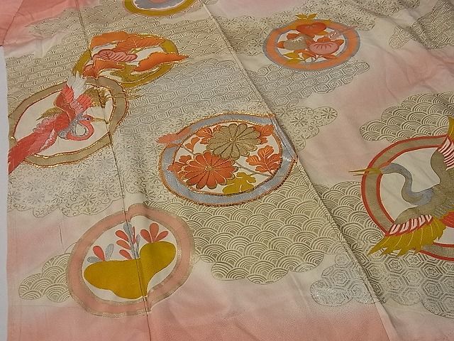 平和屋川間店■豪華振袖　駒刺繍　飛鶴草花丸文　暈し染め　金彩　逸品　ng2433_画像5