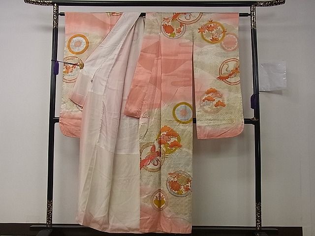 平和屋川間店■豪華振袖　駒刺繍　飛鶴草花丸文　暈し染め　金彩　逸品　ng2433_画像4