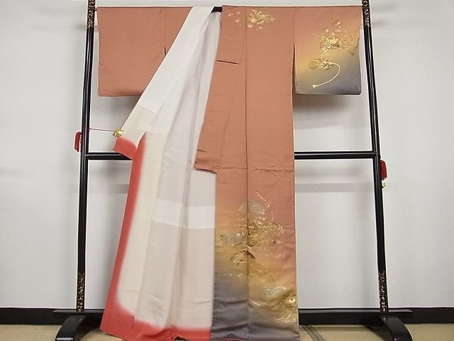 平和屋川間店■訪問着　地紙花車文　暈し染め　金彩　着丈166.5cm　裄丈67cm　正絹　逸品　A-br4601_画像2