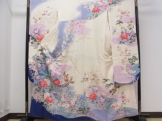 平和屋1■豪華振袖　流水孔雀花文　暈し染め　金彩　逸品　ch5469_画像1