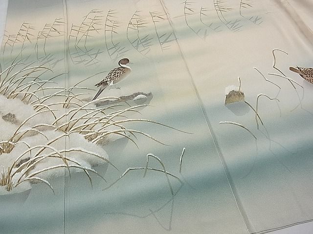 平和屋1■日本画家　水嶋征夫　訪問着　手描き　休み鳥　暈し染め　逸品　1tx1222_画像5