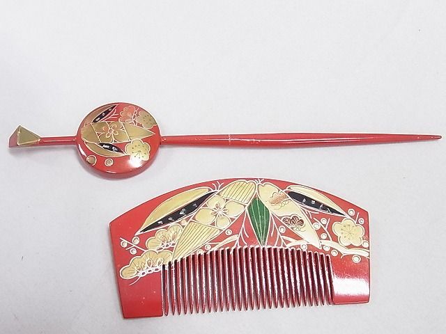 平和屋2■和装小物　かんざしまとめて6点　簪　コーム　一本挿し　折り鶴・手毬　草花　松竹梅　草花　金蒔絵　逸品　aaa6291_画像2