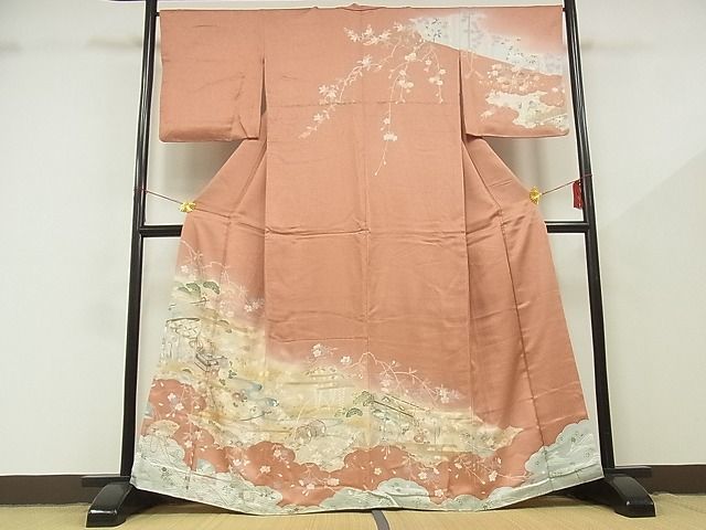 平和屋-こころ店■訪問着　流水花楽器文　暈し染め　金彩　着丈161.5cm　裄丈66.5cm　正絹　逸品　B-zg8677_画像1