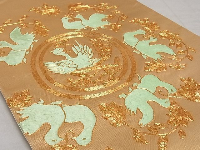 平和屋-こころ店■太鼓柄袋帯　駒刺繍　花鳥文　金糸　引箔　正絹　逸品　A-sx9072_画像2