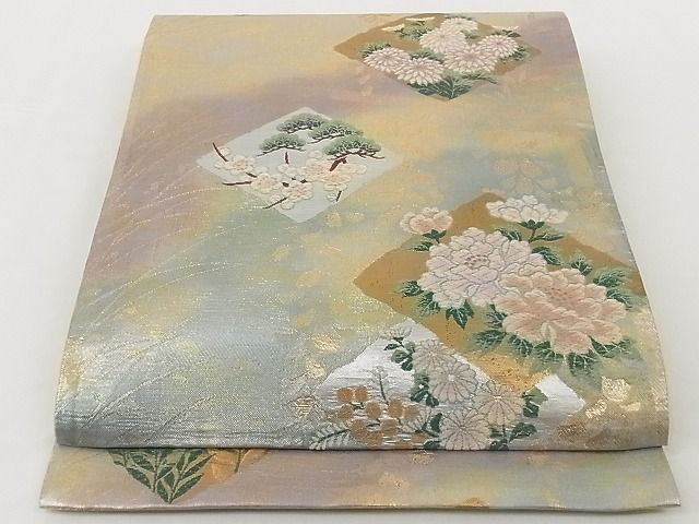 平和屋-こころ店■六通柄袋帯　唐織　枝花文　金糸　引箔　正絹　逸品　B-fw1891_画像1