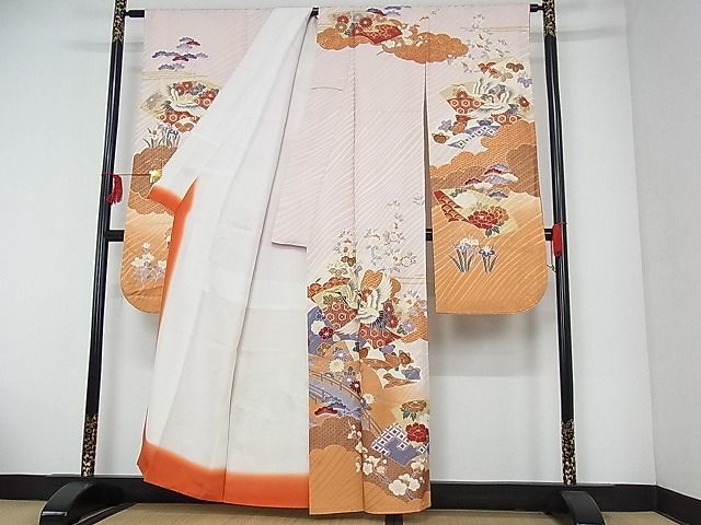  flat peace shop - here . shop # gorgeous long-sleeved kimono piece embroidery .. ground paper . crane writing gold paint dress length 152cm sleeve length 65.5cm silk excellent article A-cs7311