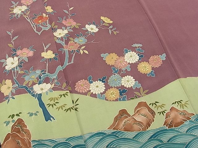 平和屋川間店■豪華色留袖　相良刺繍　立波枝椿菊文　金彩　逸品　n-ab0202_画像3