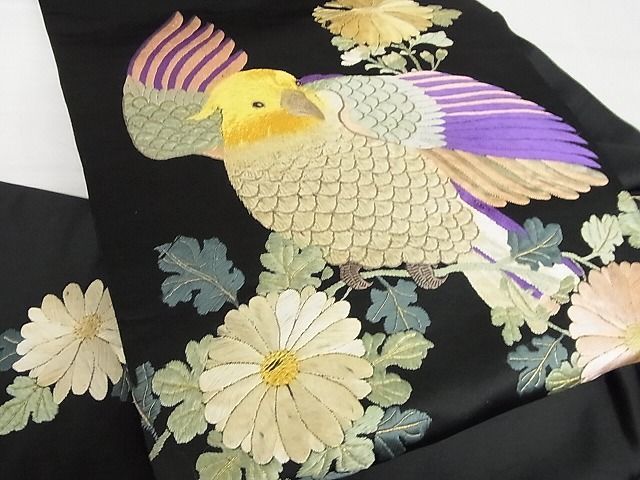 平和屋-こころ店■極上　アンティーク　大正ロマン　丸帯　総手刺繍　花鳥文　インコ　黒地　金糸　引き抜き帯　正絹　逸品　4kk10013_画像7