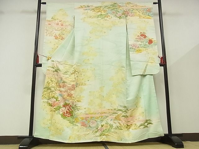 平和屋-こころ店■豪華振袖　駒刺繍　花鳥文　暈し染め　金彩　着丈159cm　裄丈62.5cm　正絹　逸品　B-zg8435_画像1