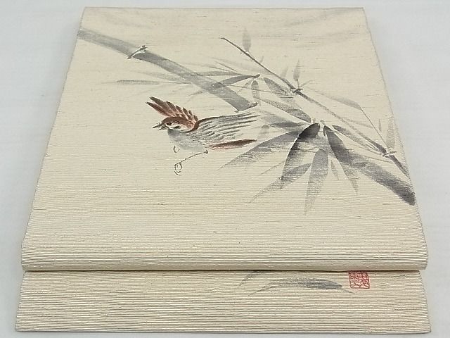 平和屋1■八寸名古屋帯　作家物　手描き　紬地　笹竹雀文　逸品　rv9417_画像1