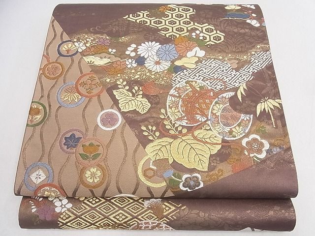 平和屋2■六通柄袋帯 切嵌吉祥花鼓文 金糸 逸品 rt3444の画像1