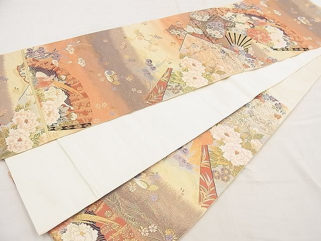 平和屋野田店■六通柄袋帯　唐織　扇面尾長鶏花文　金糸　逸品　n-ne3218_画像5