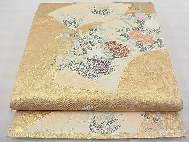 平和屋野田店■六通柄袋帯　地紙草花文　古代漆引箔　逸品　n-fw5469_画像1