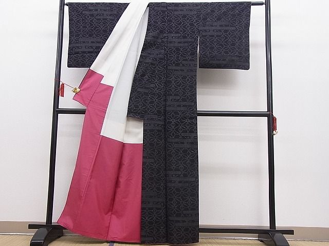 平和屋野田店■結城紬　100亀甲　エ霞麻の葉文様　逸品　n-hj8406_画像3