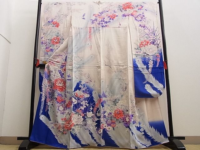 平和屋野田店■豪華振袖　孔雀羽牡丹花文　暈し染め　銀彩　逸品　n-yt0661_画像1