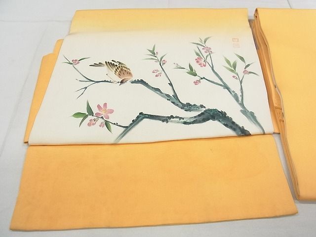 平和屋1■塩瀬　つけ帯　作家物　手描き　枝花鳥文　逸品　ap5502_画像1