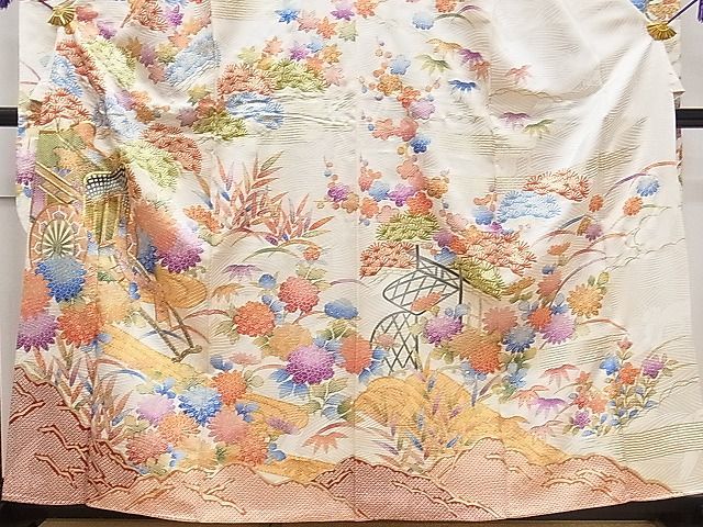 平和屋1■豪華振袖　駒刺繍　御所車吉祥花文　金彩　三越扱い　逸品　ch5829_画像3