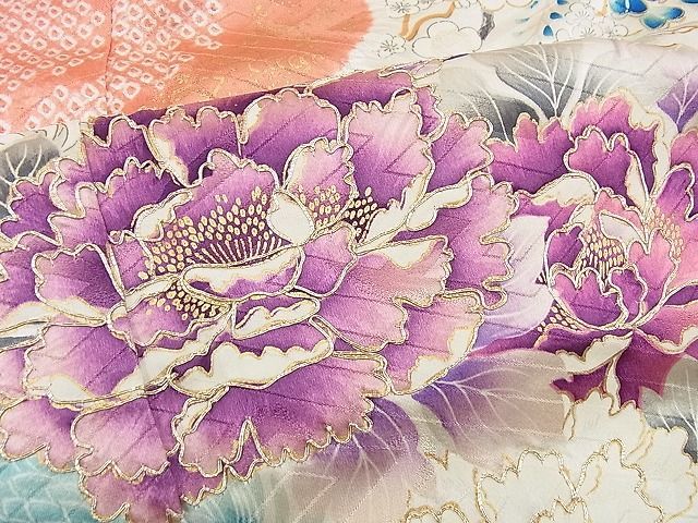 平和屋野田店■豪華振袖　絞り　駒刺繍　乱菊牡丹陶器花文　金彩　逸品　n-cw0914_画像5