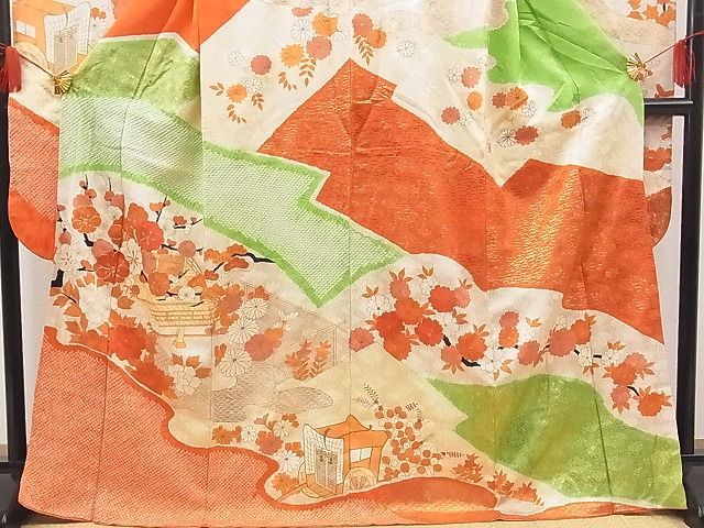 平和屋野田店■豪華振袖　絞り　駒刺繍　風景枝花文　金彩　逸品　n-sa3898_画像3