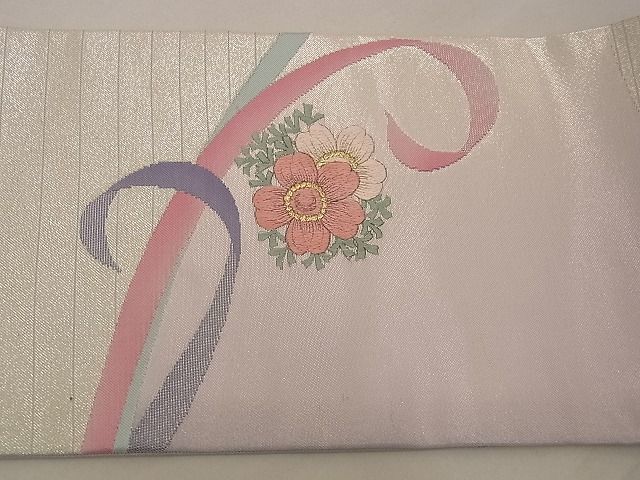 平和屋野田店■現代の憂氣世絵師　米倉斉加年　九寸名古屋帯　唐織　手描き　花リボン　金銀糸　逸品　n-xi1221_画像3